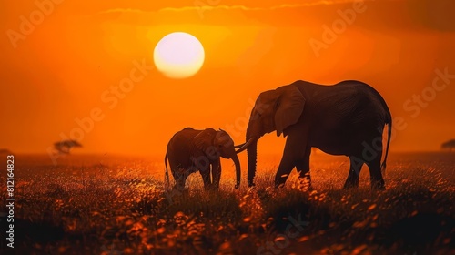 adult and juvenile african elephants grazing in maasai mara grasslands at sunset wildlife photography