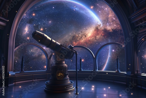 Illustration of a large telescope housed in a glass dome. The background is the sky with various stars