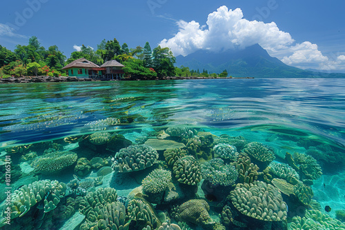 An underwater scenery featuring coral reefs, turquoise waters, and overwater bungalows in a tropical paradise.
