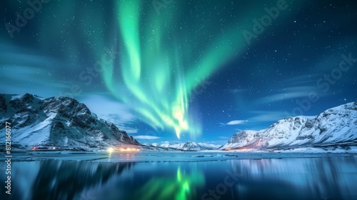 Beautiful northern lights over snowcovered mountains
