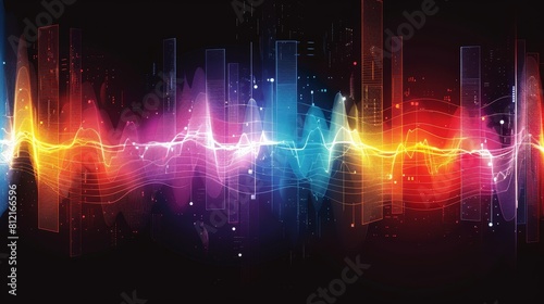 Colorful sound waves on a black background with audio waveforms in the style of music or digital technology concepts