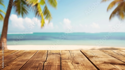 Beach Product Mockup Concept. Wooden Table with Tropical Beach Background. Brown wood table on summer tropical beach background with empty copy space on the table for product display mockup.