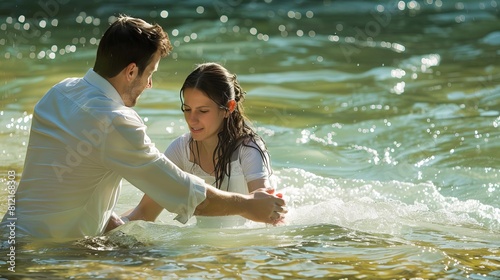 baptism ceremony man assisting woman with river immersion christian sacrament photo