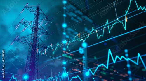 stock market graph with electric pole with blue black energy business blue banner background