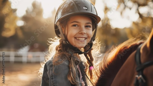 cheerful young girl enjoying horseback riding lesson smiling at camera in equestrian helmet