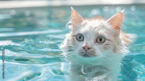white Scottish straight-eared long-haired cat swimming in the pool