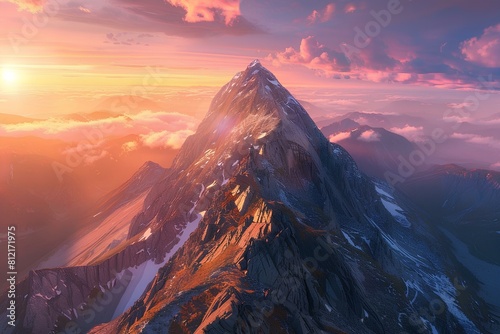 The majestic mountain peak is bathed in the warm glow of the setting sun