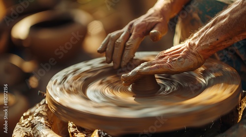 The potter's hands shape the clay on the spinning wheel.