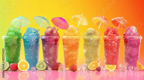 colorful iced fruit slush or smoothie dispensers for refreshing summer drinks vibrant multicolored containers digital illustration