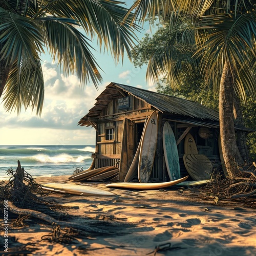 Surfer's beach shack with surfboards strewn all around, Surfer's beach background, Ai generated