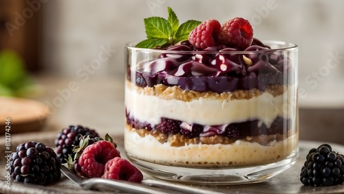 Exquisite Berry Layered Tiramisu Trifle nestled in a glass cup, adorned with plump blackberries and vibrant raspberries, set against the backdrop of a cozy kitchen.
