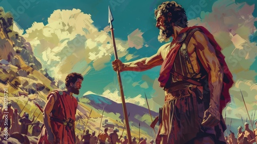 dramatic illustration of david confronting goliath biblical story of courage and faith classic religious art style