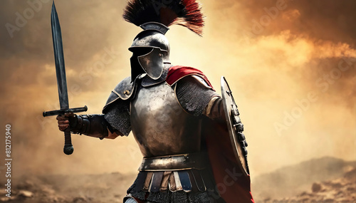 Spartan man in gladiator helmet and red long cloak standing with steel shield and iron spear, sword in hands. Strong roman warrior in battle dress. 1 one, alone greek legionary soldier ready to fight.