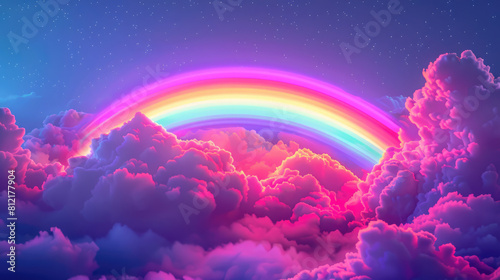 A vibrant rainbow arcs over fluffy, pink-tinged clouds under a glowing sky.