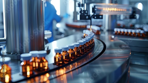 Action shot of medical vials being assembled and inspected on a high-speed production line at a leading pharmaceutical factory