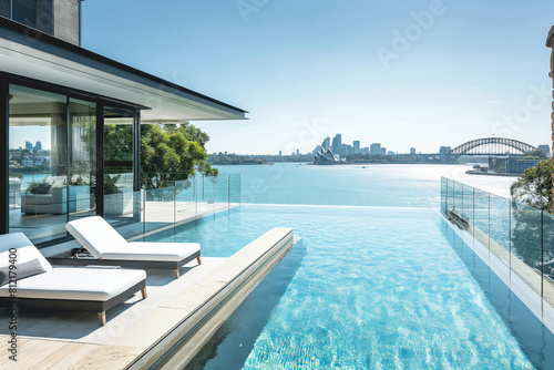 Sydney. Oceanview swimming pool in a real estate next to azure waters. Generative AI