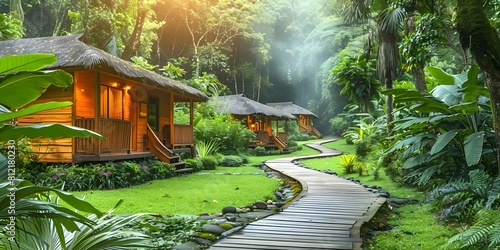 Retreat into Ayurveda: Wooden cabins nestled within lush greenery and a secluded pathway for natural wellness. Concept Ayurvedic Retreat, Wooden Cabins, Lush Greenery, Natural Wellness