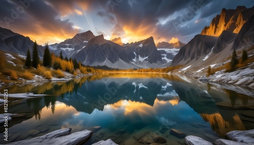 Serene sunset over a calm lake, the water reflecting the vibrant orange and pink hues of the sky