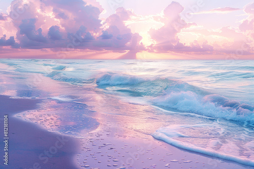 A serene beach scene at sunset, with pastel hues painting the sky and gentle waves lapping against the shore