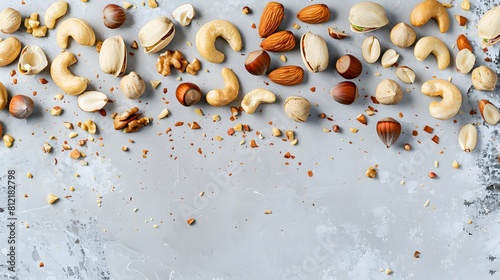Variety of mixed nuts including almonds, cashews, and hazelnuts on a grey textured background. Flat lay composition with copy space. Healthy snacks concept for design and print.