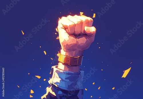 A powerful fist raised in the air, glowing with an aura of energy and determination, symbolizing strength and courage in the pixel art style. 