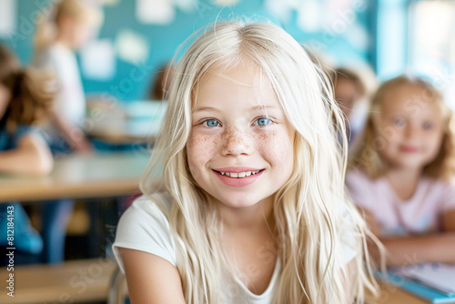 white albino girl with long hair smiling, sitting in a school classroom at a desk, blur background with other children.
