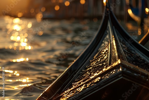 The photo shows the bow of a Venetian gondola with the Grand Canal in the background.