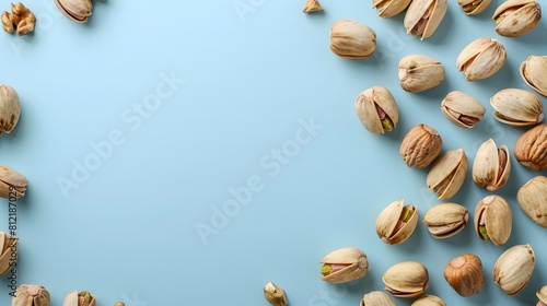 Scattered pistachio nuts on a blue background. Flat lay composition with copy space. Nutritional snacks concept for design and print.