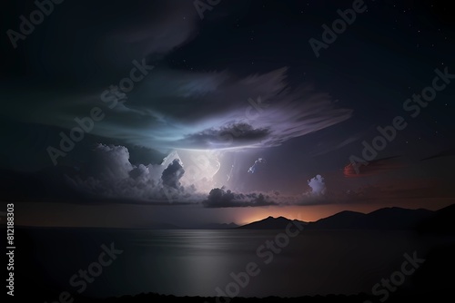 Landscape nature background, clouds in evening sky, above mountains sea coast 