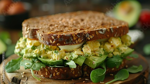 Avocado egg salad sandwiches on whole grain bread, closeup of Fresh food serving