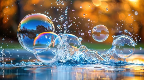  A cluster of soap bubbles drifting atop a water body against a vibrant backdrop of tree trunks