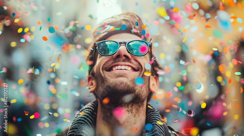 Joyful man wearing sunglasses smiling under a shower of colorful confetti. Shallow depth of field. Celebration and happiness concept. Design for poster, banner, and greeting card