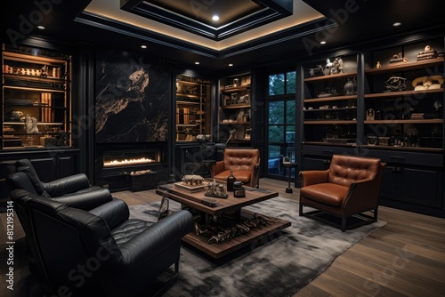 a modern masculine study room. black sofa, dark walls and lighting. luxury interior of a men's office.