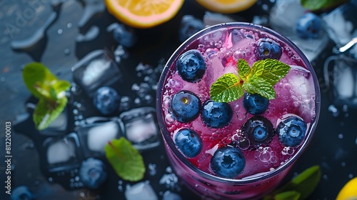 A closeup of Blueberry lemonade with fresh mint, Fresh food serving