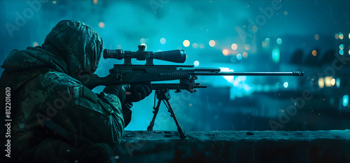 Nighttime Surveillance With Sniper in Urban Setting Under Blue Neon Lights. AI.