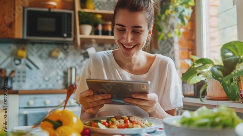 healthy eating, dieting and people concept - smiling young woman with tablet pc computer eating