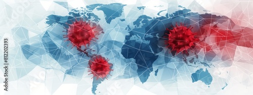 Abstract world map with virus hotspots highlighted, representing global health challenges.