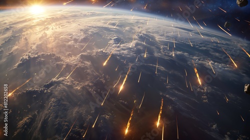 A dramatic depiction of meteor showers impacting Earth, viewed from space, highlighting a catastrophic event.