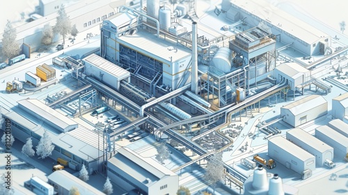 isometric industrial plant blueprint rendering