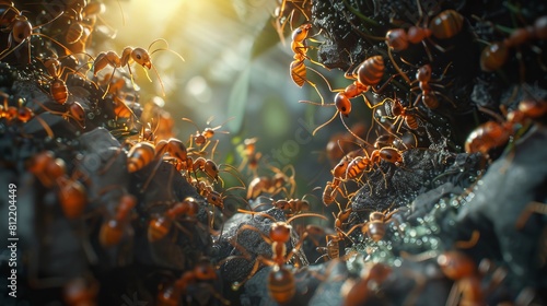 Macro shot of ants in their natural habitat for environmental and wildlife themes