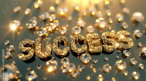 gold metallic 3d letters bedazzled with diamonds in shape of text "SUCCESS" gold background
