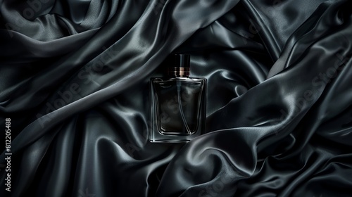 In a display of refined luxury, a men's perfume bottle is nestled within satin cloth draperies, exuding an aura of sophistication and elegance. This composition captures the essence of opulence