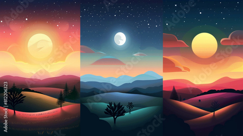 Different times of day landscapes. Noon sun and night moon over field, morning sunrise and evening sunset vector background illustration set. Summer or spring season at midnight or midday 3D avatars s