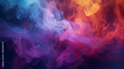 A burst of colorful smoke rising from a burning incense stick, its wispy tendrils reaching towards the ceiling.