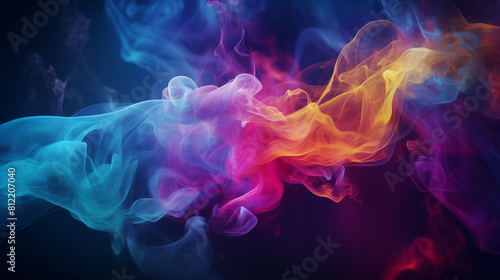 A burst of colorful smoke rising from a burning incense stick, its wispy tendrils reaching towards the ceiling.