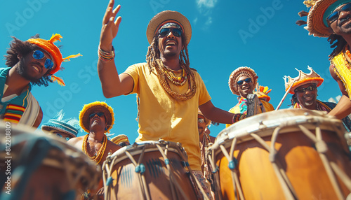 Inside the Brazilian Carnival scene, drummers play vibrant samba rhythms. Portrait photo captures cheerfull men with drums. Evokes the lively spirit of Carnival in hot Rio