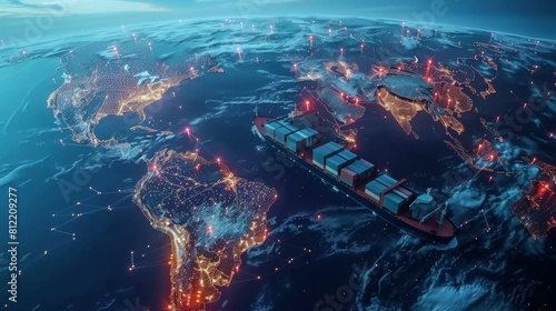 Cargo ships illustrated over a digital world map reflecting globalization and international shipping lanes