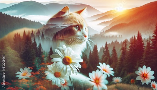 Cat Amidst Daisies. A serene cat surrounded by white and orange daisies in sunlight.