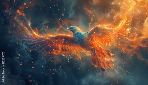 A majestic phoenix flies through a starry night sky. The phoenix is surrounded by glowing embers and has a long, flowing tail. The image is full of vibrant colors and has a mystical feel.