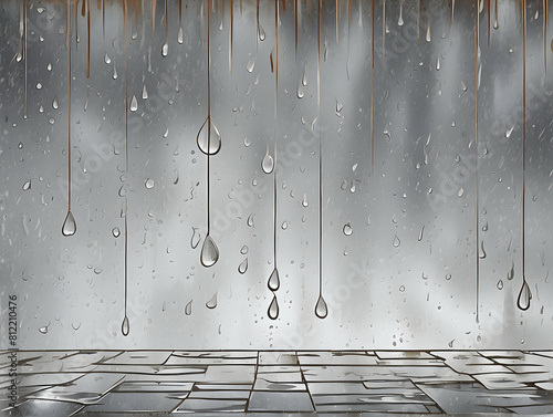 Raindrops trickling down window glass pane